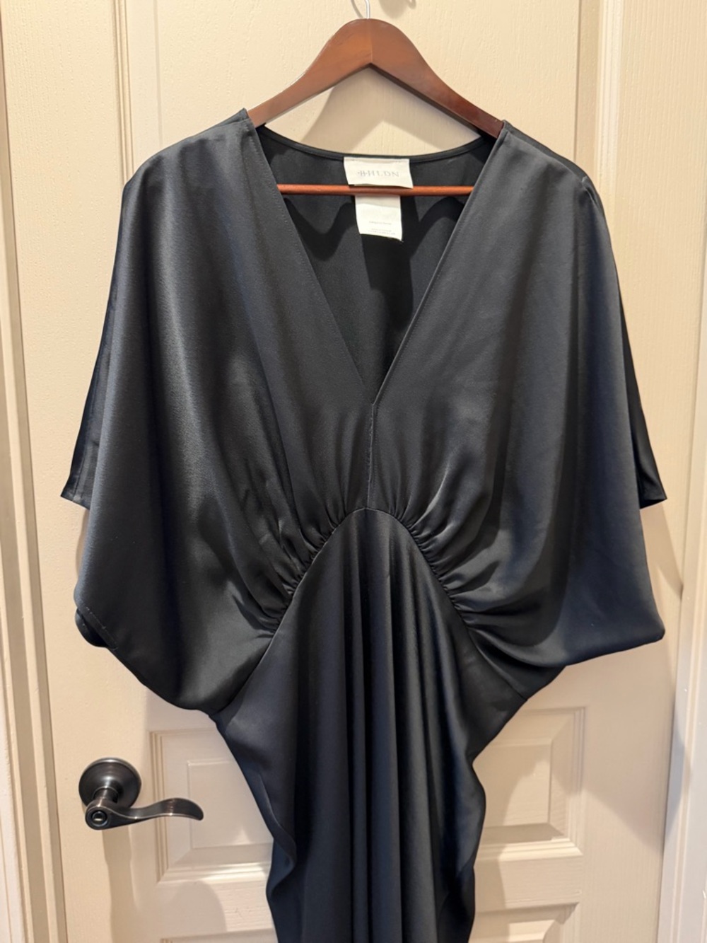 BHLDN Black Satin V-Neck Draped Midi Dress